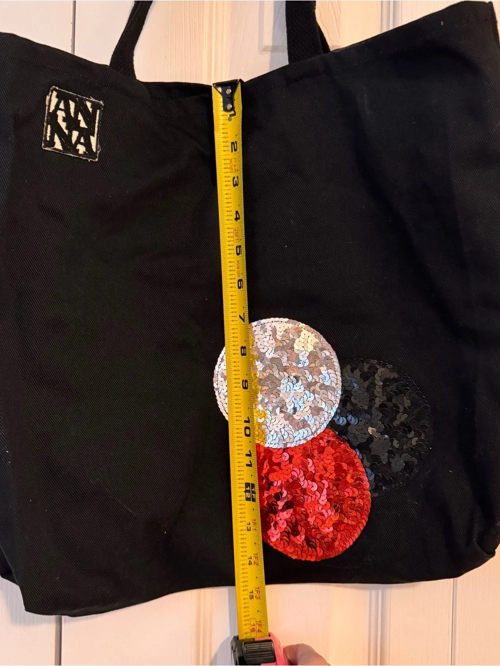 Vintage Anna Sui Black Tote with Silver, Black, and Red Sequin Circles